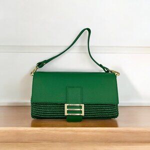 Italian Leather and Raffia Clutch/Handbag in Emerald Green